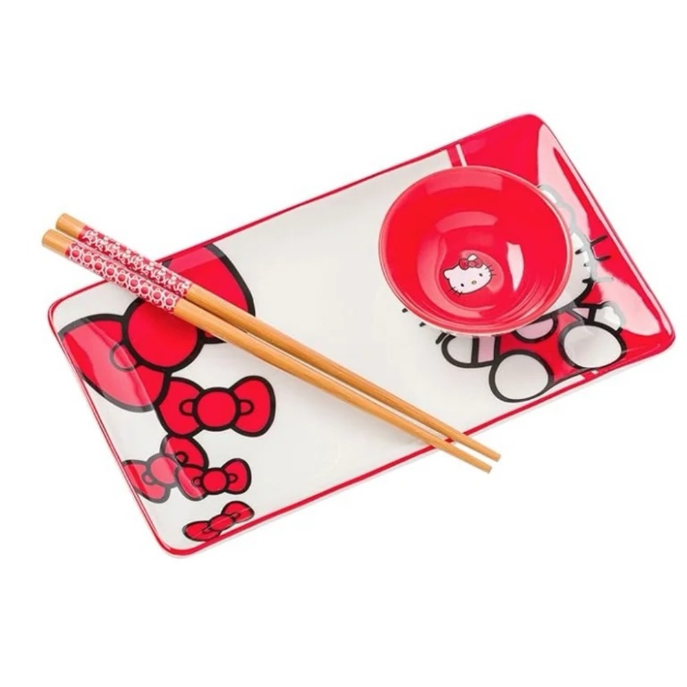 Silver Buffalo Sanrio Hello Kitty Red and White Bow Ceramic Sushi Set